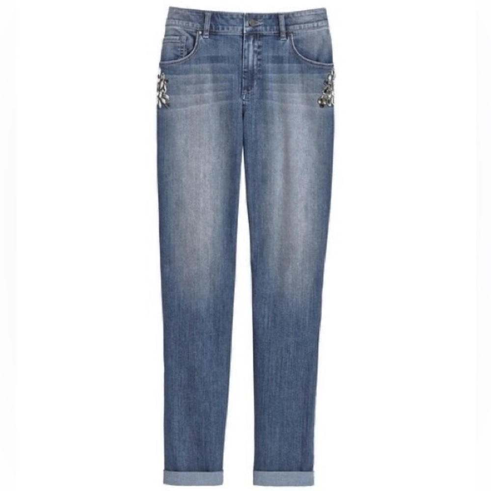Chico’s Platinum Denim Broach Embellished Jeans Size 1.5
